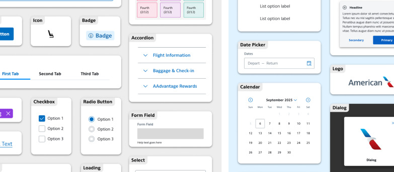 A sheet of interface components including an accordion, date picker, calendar, checkbox, radio button, form field, badge, icon and a dialog with the American Airlines logo