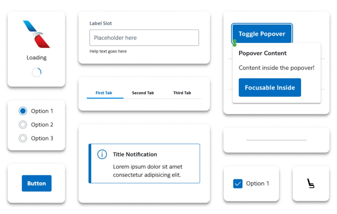 A grid of Aileron design system interface components on a white background, including a loading indicator, radio buttons, a button, a labeled text field, tabs, a notification, a popover and a checkbox