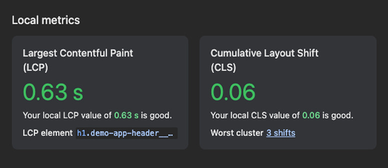 A browser performance panel showing a largest contentful paint of 0.63 seconds and a cumulative layout shift of 0.06, both marked good