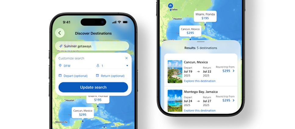 Two phone screens showing a prompt-based destination search and a list of matching trip results