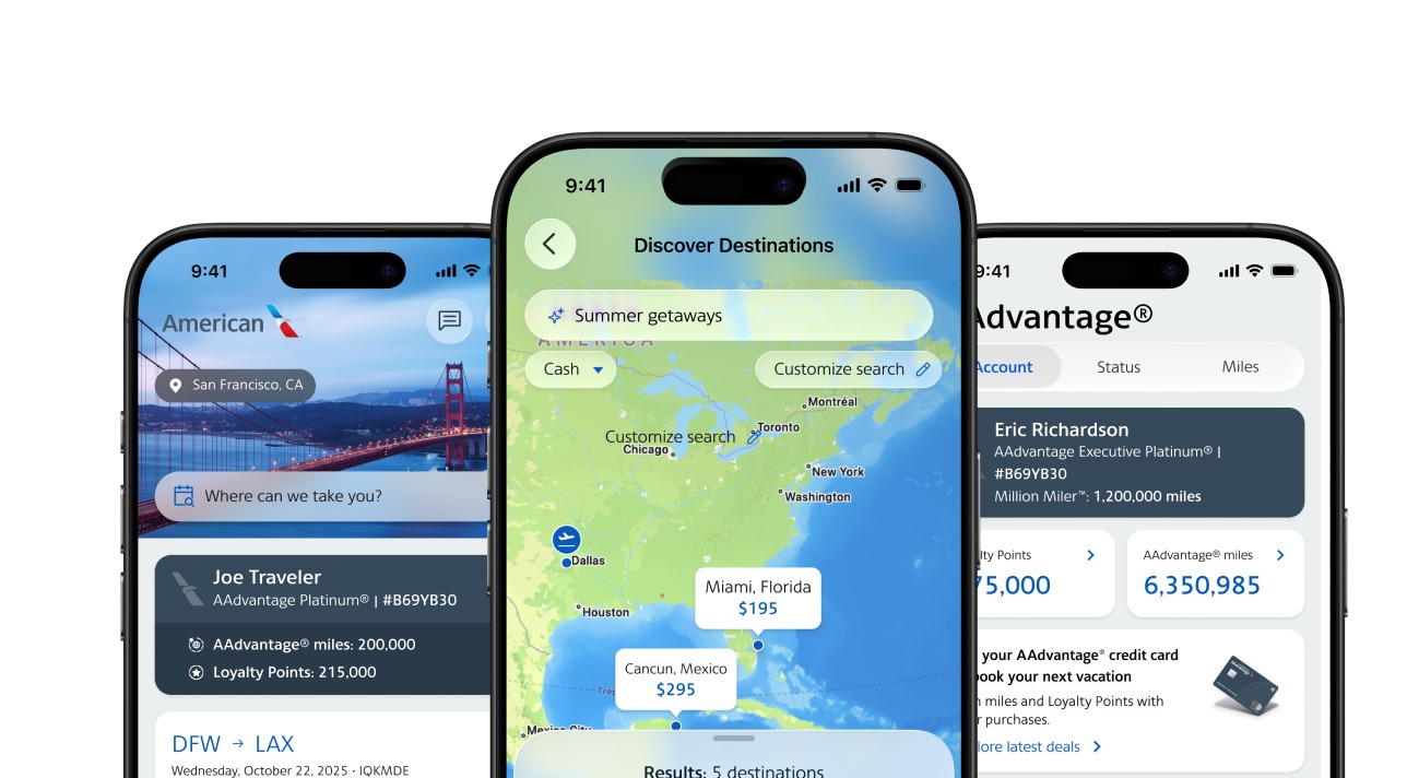 Three iPhone screens showing the redesigned American Airlines app home screen, a destination discovery map and an AAdvantage account summary