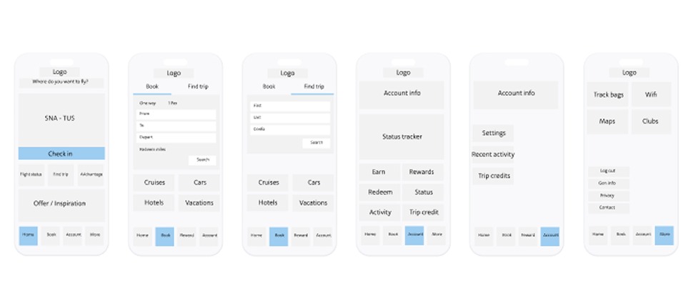 A row of six low-fidelity wireframes showing early concepts for the app's home, book, rewards and account screens