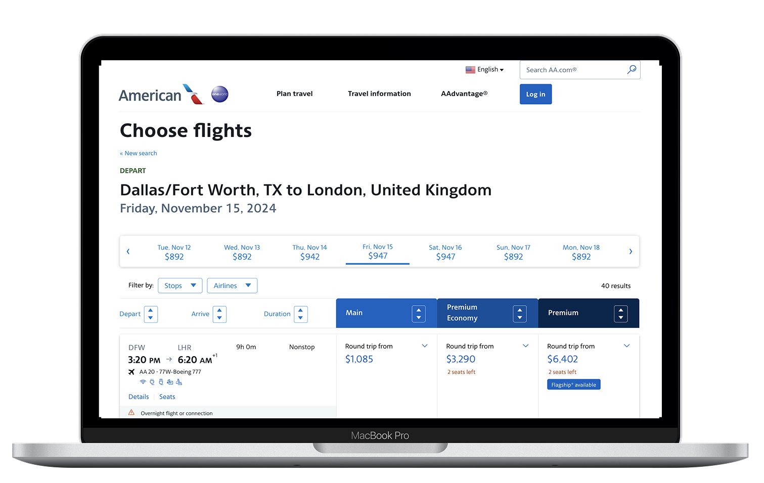 American Airlines choose flights desktop booking interface