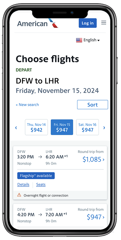 American Airlines choose flights mobile booking interface