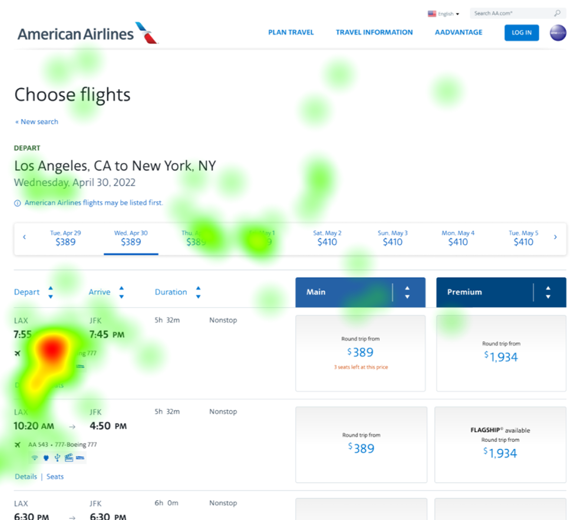 Eye-tracking heatmap of the booking flow