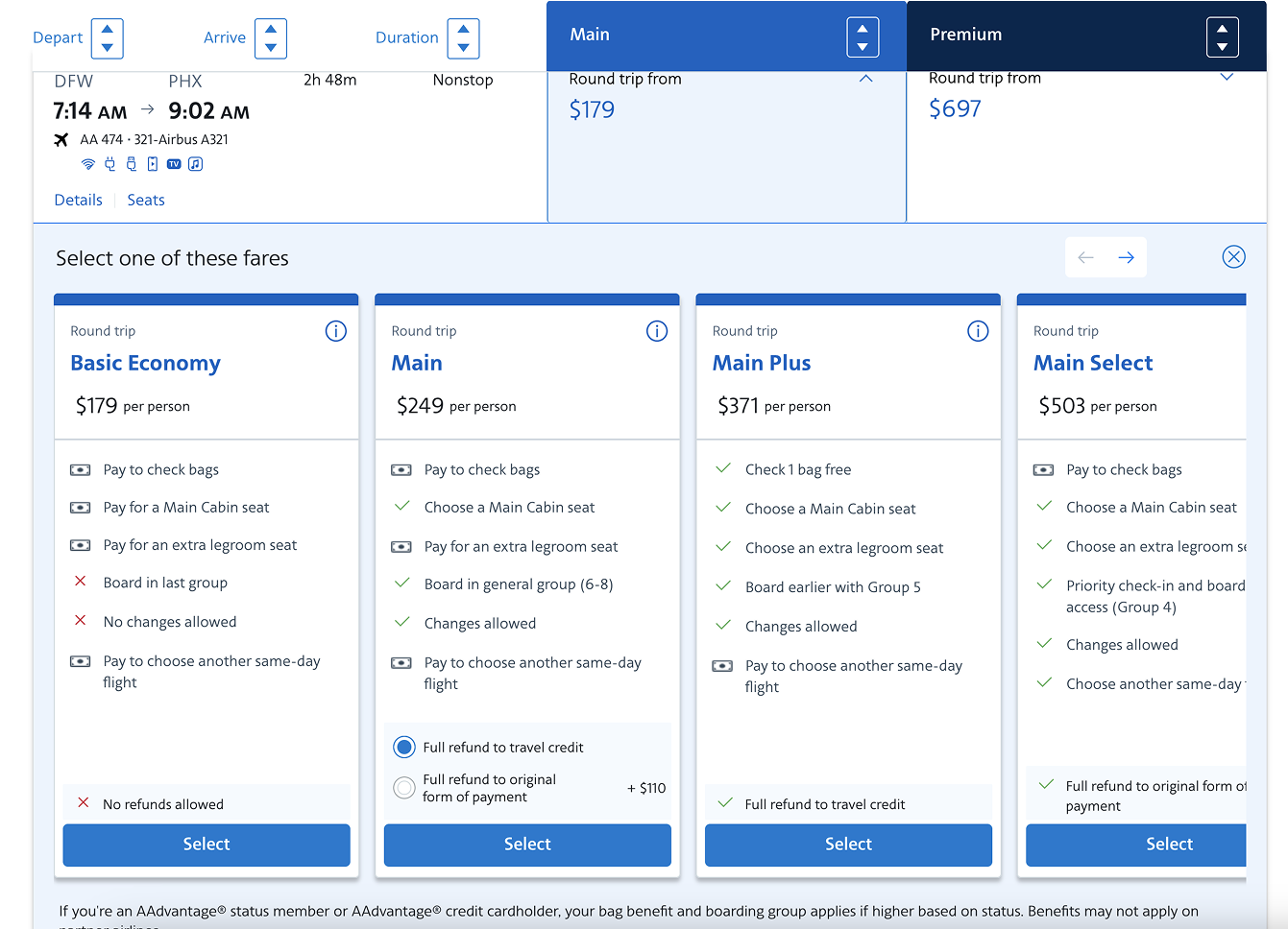 Expanded fare comparison showing the differences between fare products