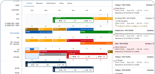ECS desktop view showing a crew member's schedule beside a list of open requests