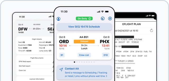 Three ECS mobile app screens showing a crew member's flight details, schedule and contact options